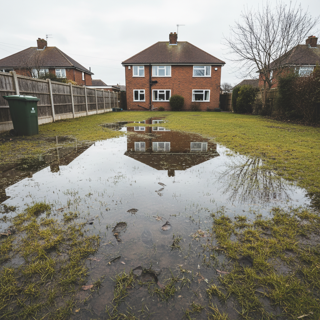 A waterlogged UK garden lawn in winter with standing water and footprints