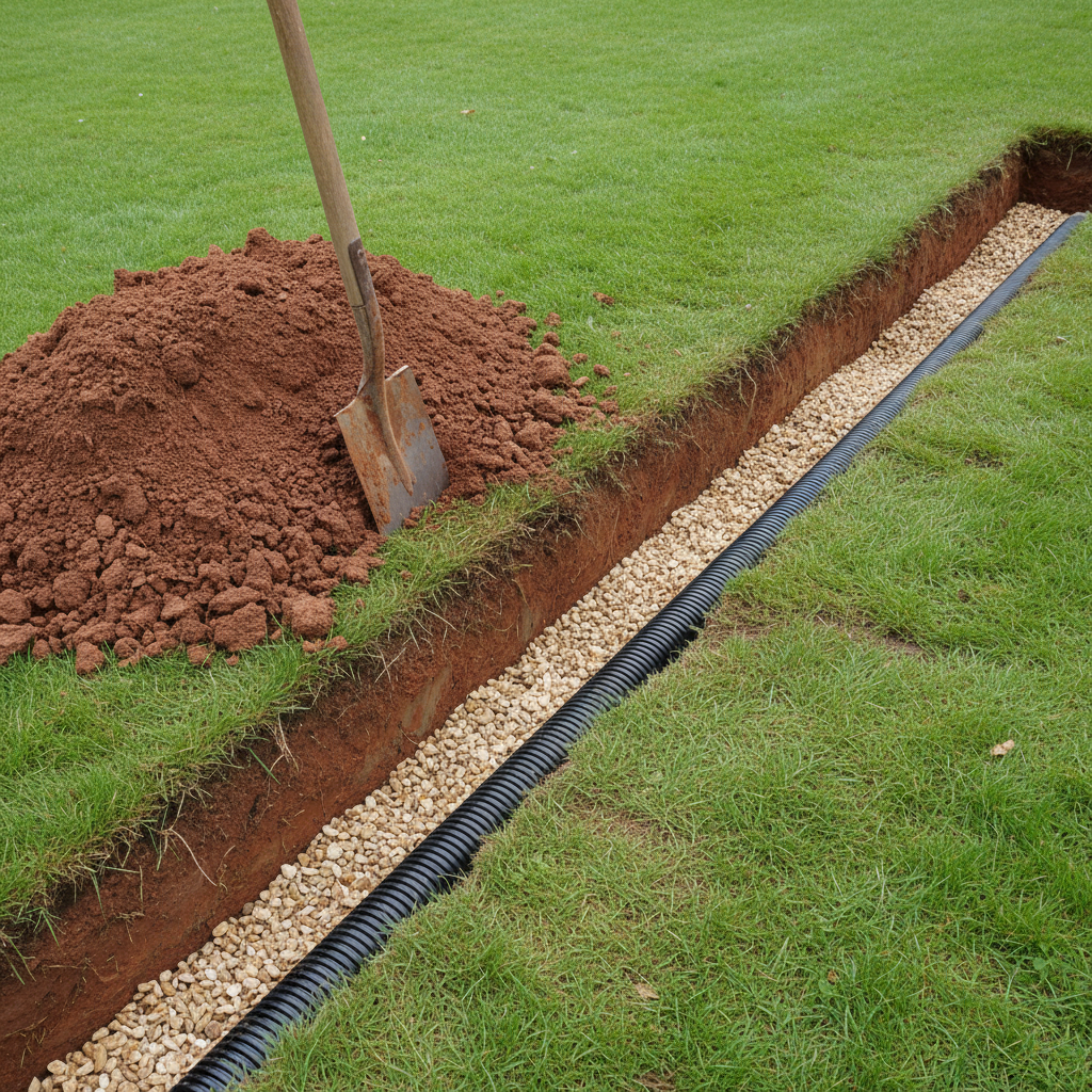 French drain installation in a heavy clay garden: perforated pipe and gravel