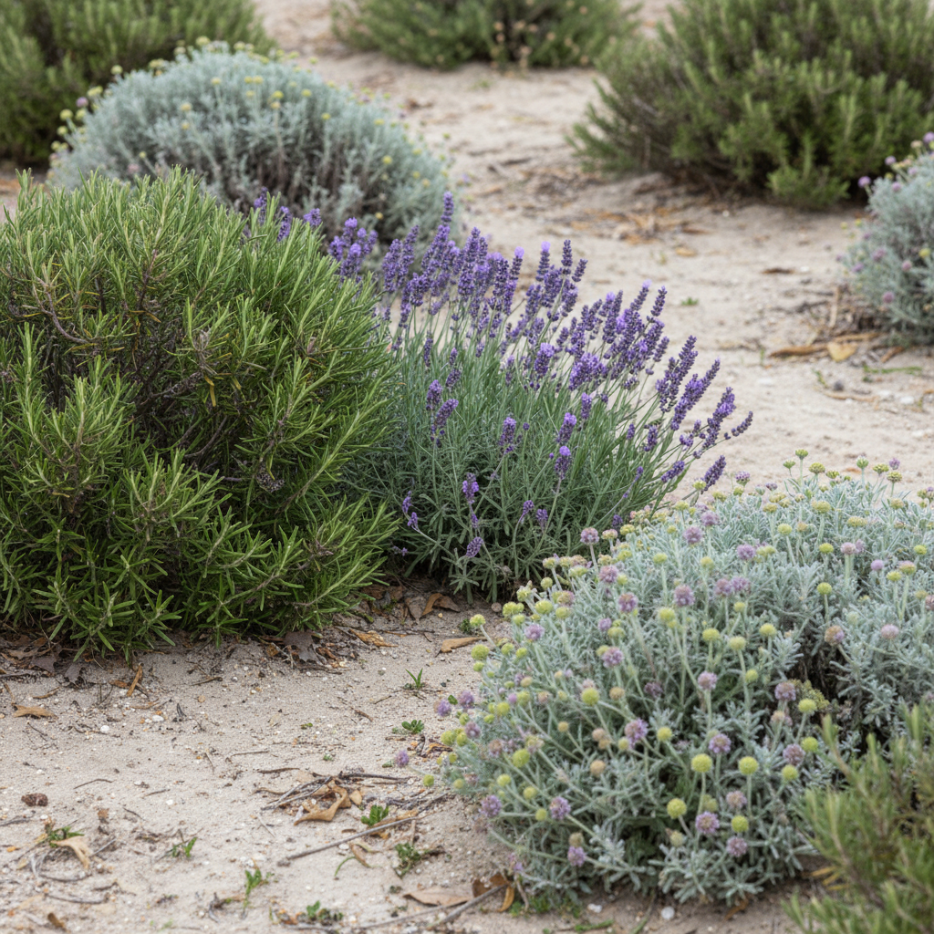 Mediterranean coastal planting: lavender, rosemary and silvery santolina