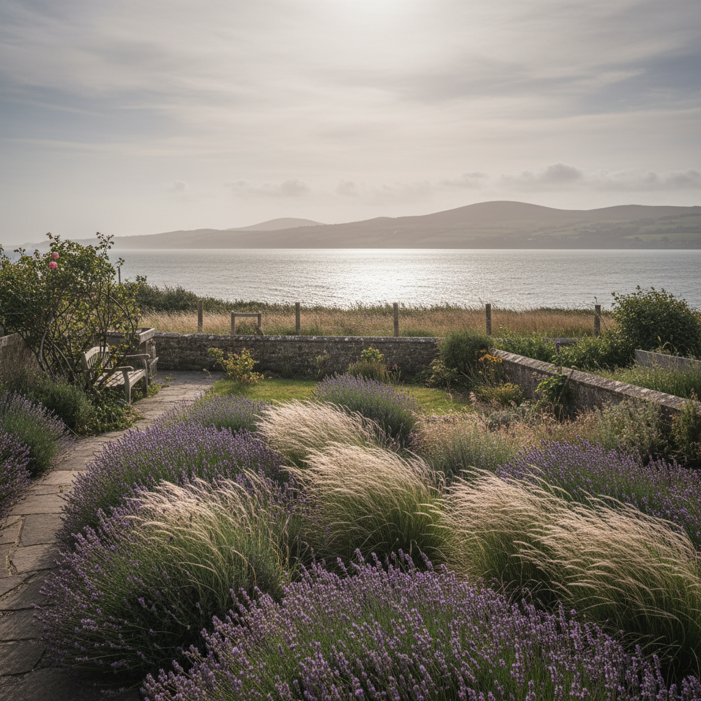 A coastal Wirral garden overlooking the Dee estuary, with lavender and grasses