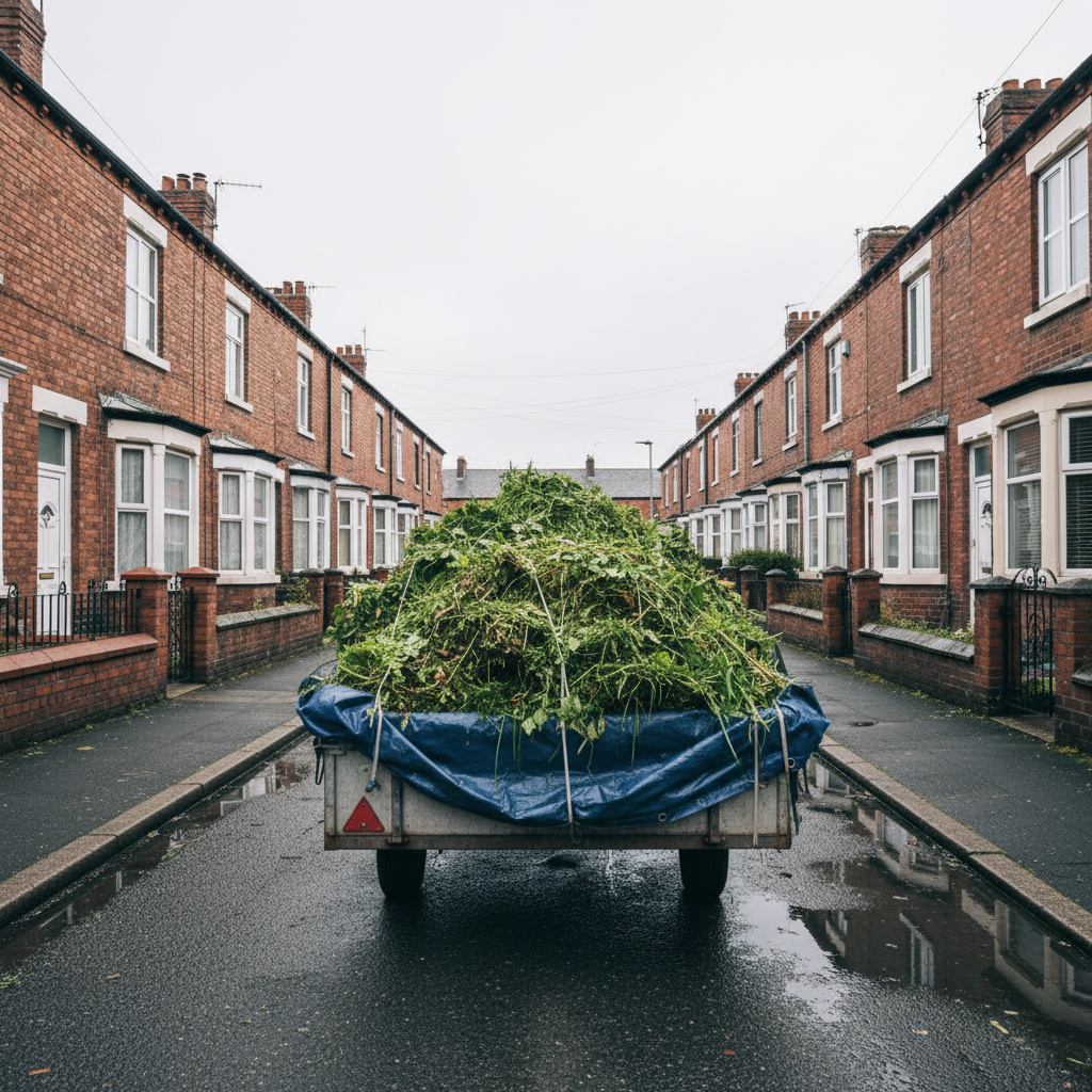 A small open trailer loaded with garden waste parked on a Liverpool street, ready for licensed disposal