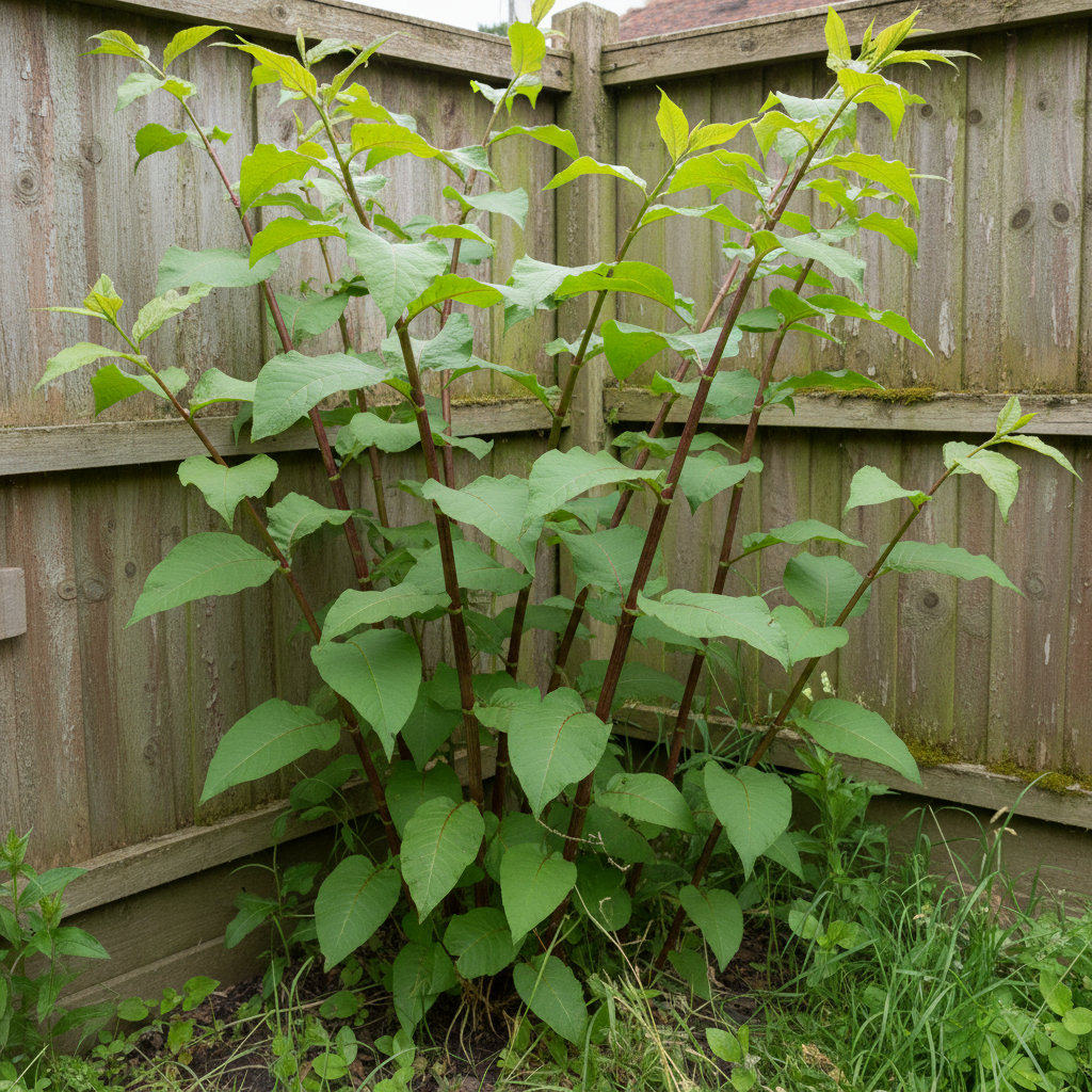 A close-up of Japanese knotweed in spring with red speckled hollow stems and zigzag leaves