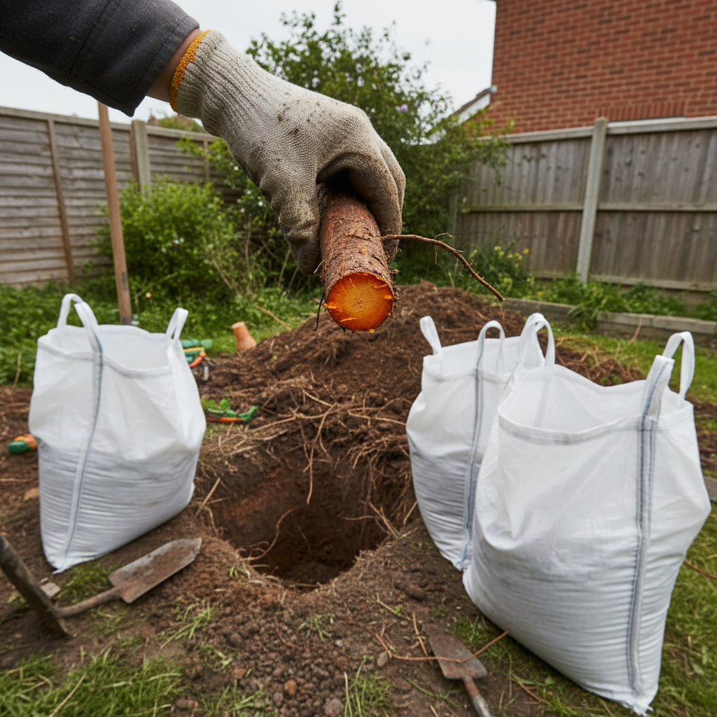 A garden contractor showing the orange interior of a Japanese knotweed rhizome beside an excavation