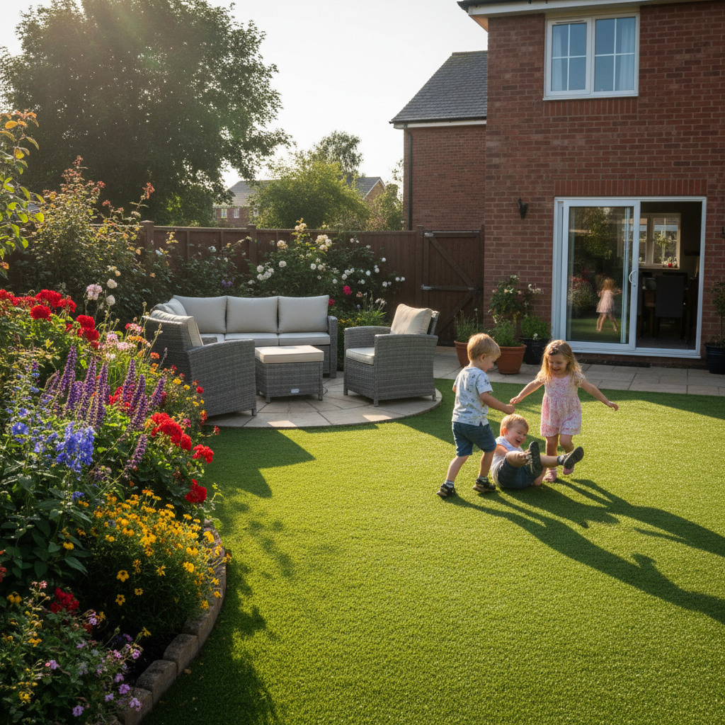 Family enjoying artificial grass lawn in a Liverpool back garden