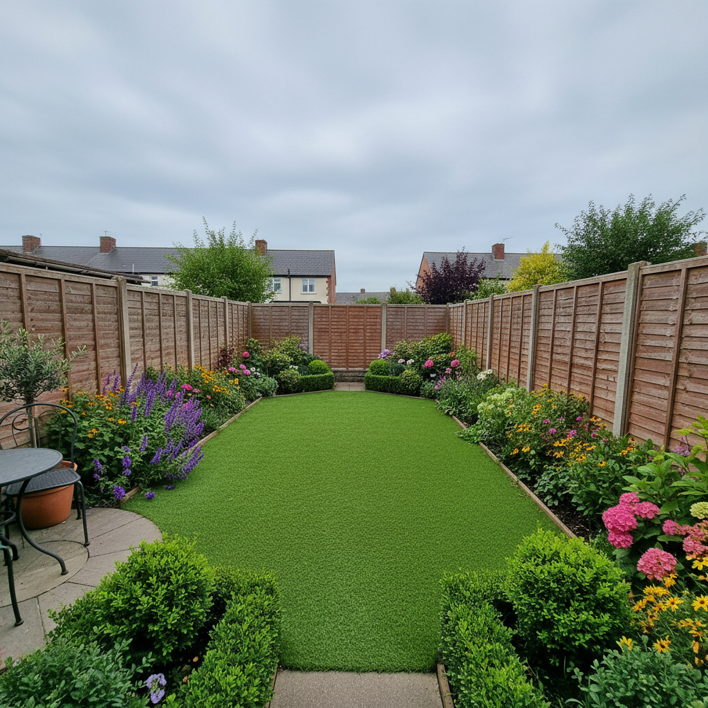 Neat Merseyside garden with artificial grass and planted borders
