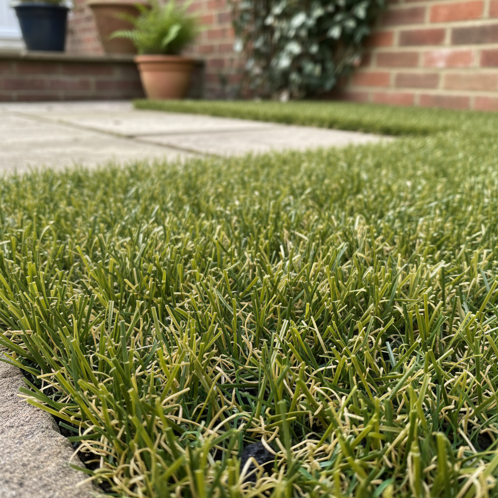 Close-up of realistic artificial grass texture and blade detail