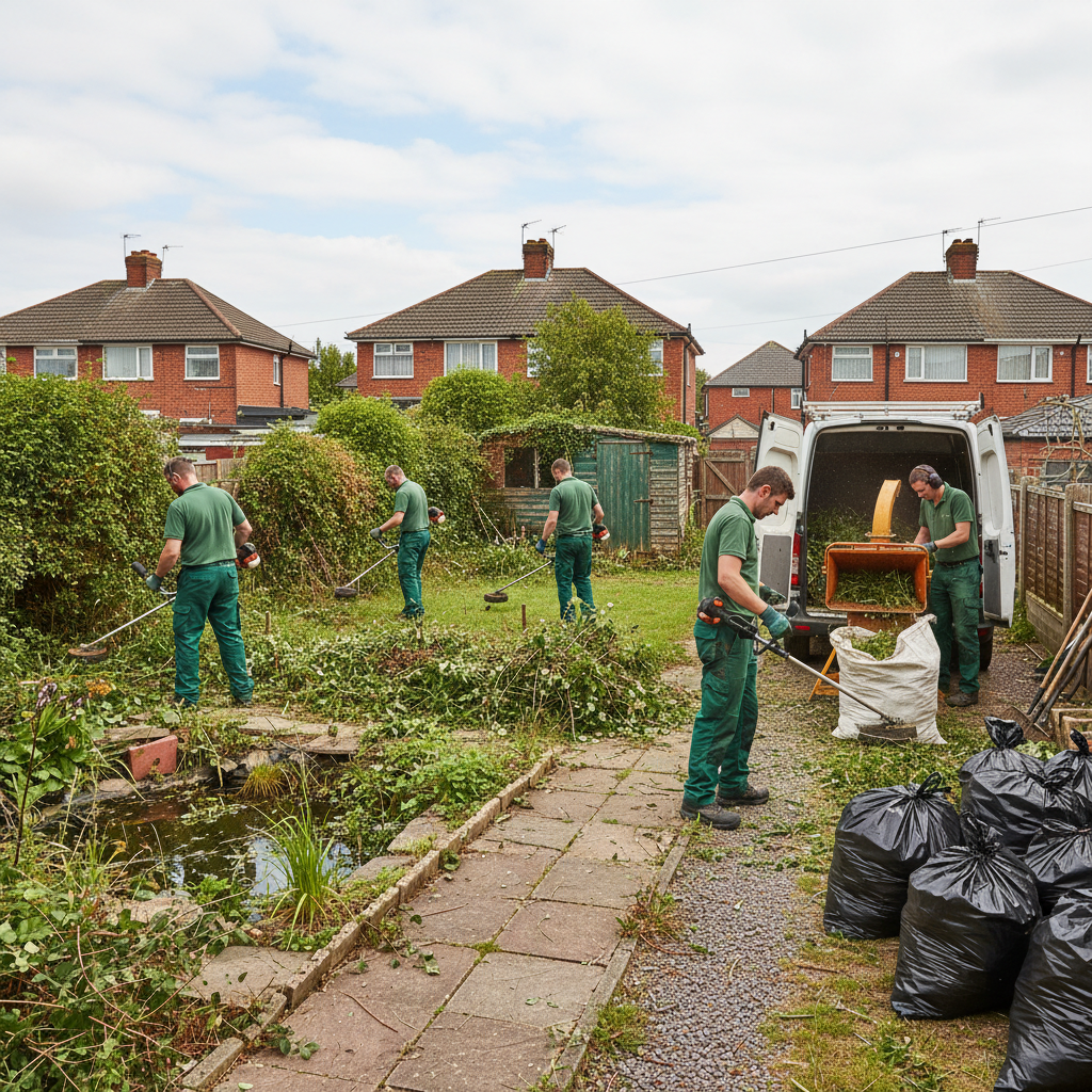 Garden clearance team working in a Liverpool residential garden