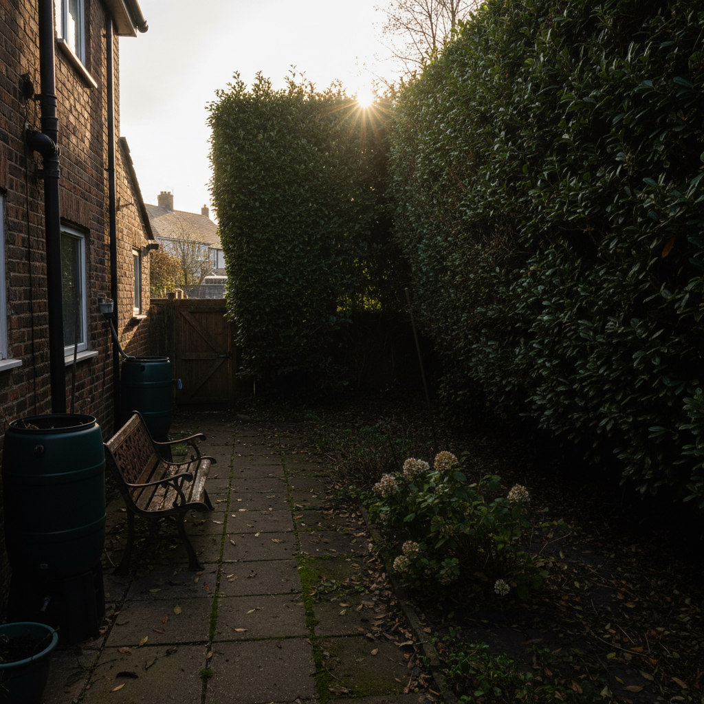 Wirral garden in deep shade due to tall neighbouring hedge blocking light