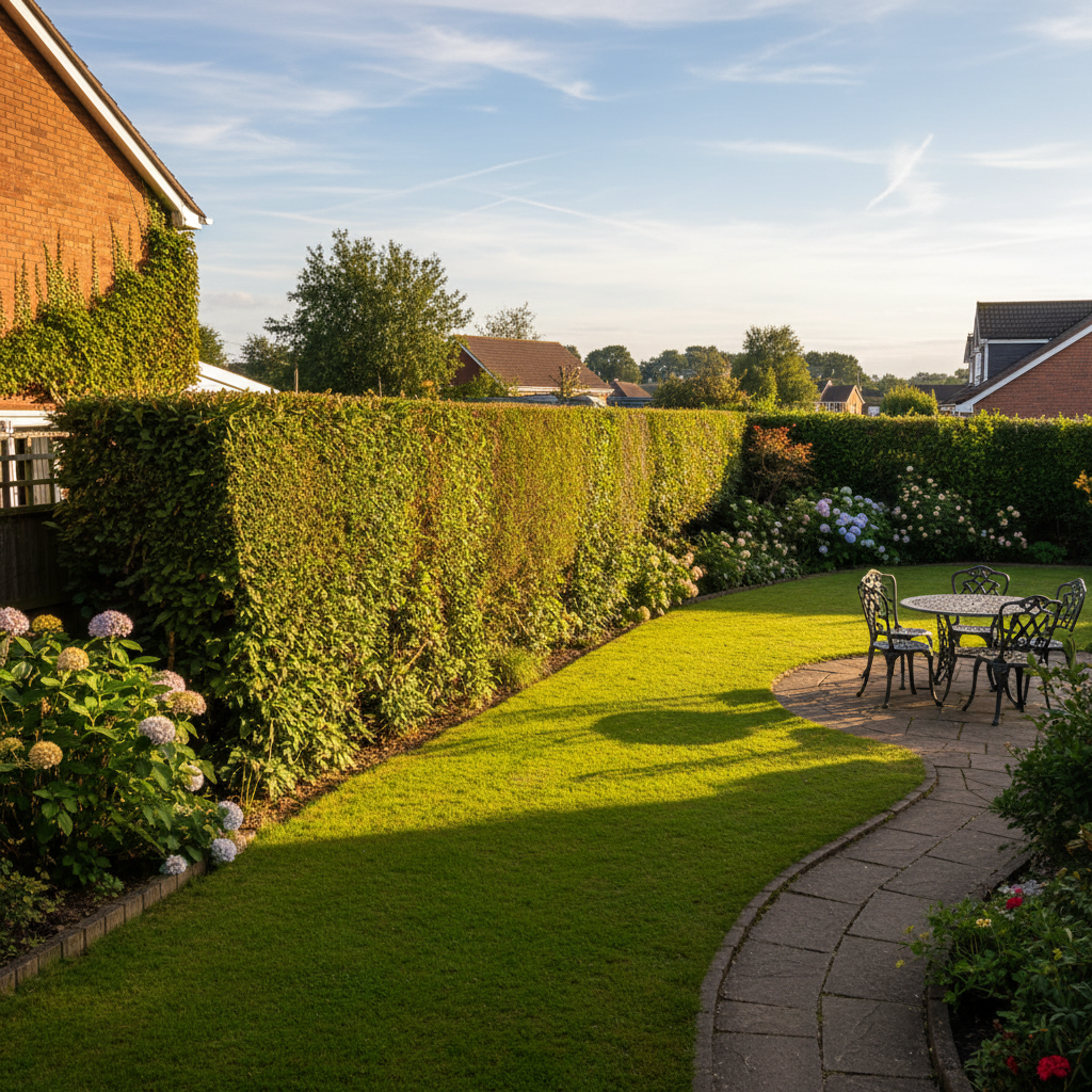 Wirral garden with light restored after boundary hedge professionally trimmed