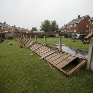 Garden fence blown down by storm in a Merseyside residential garden