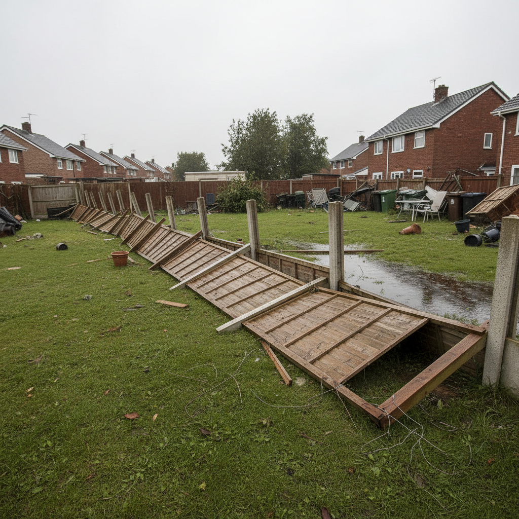 Garden fence blown down by storm in a Merseyside residential garden