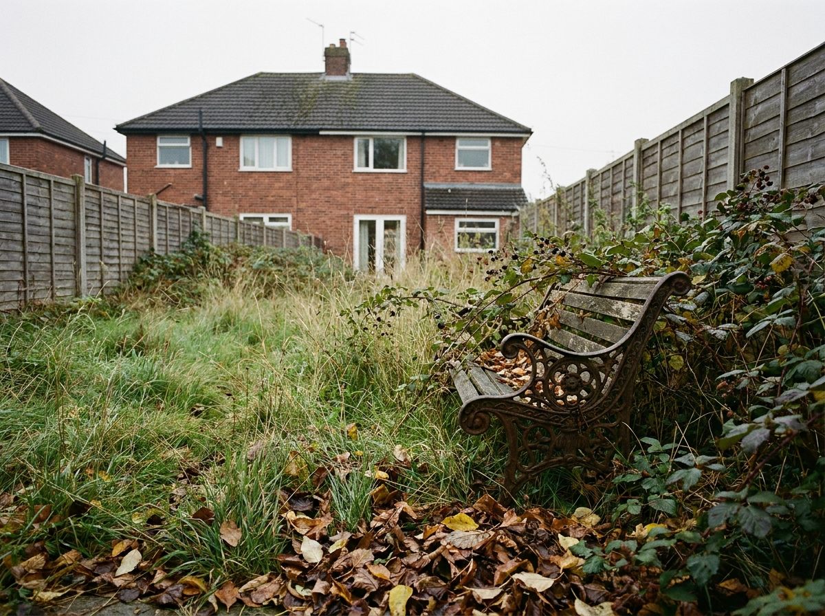 Overgrown Merseyside garden before autumn garden clearance, waist high grass and brambles around a bench