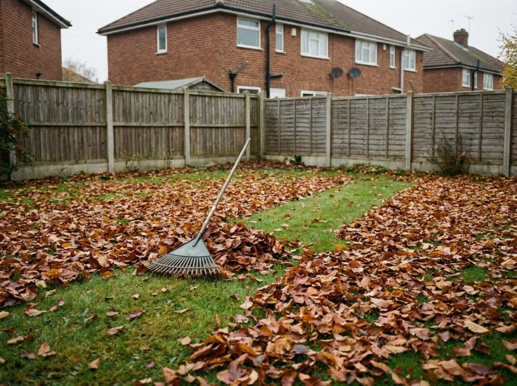 Autumn leaf clearance on a Liverpool lawn with a rake and one cleared stripe of grass