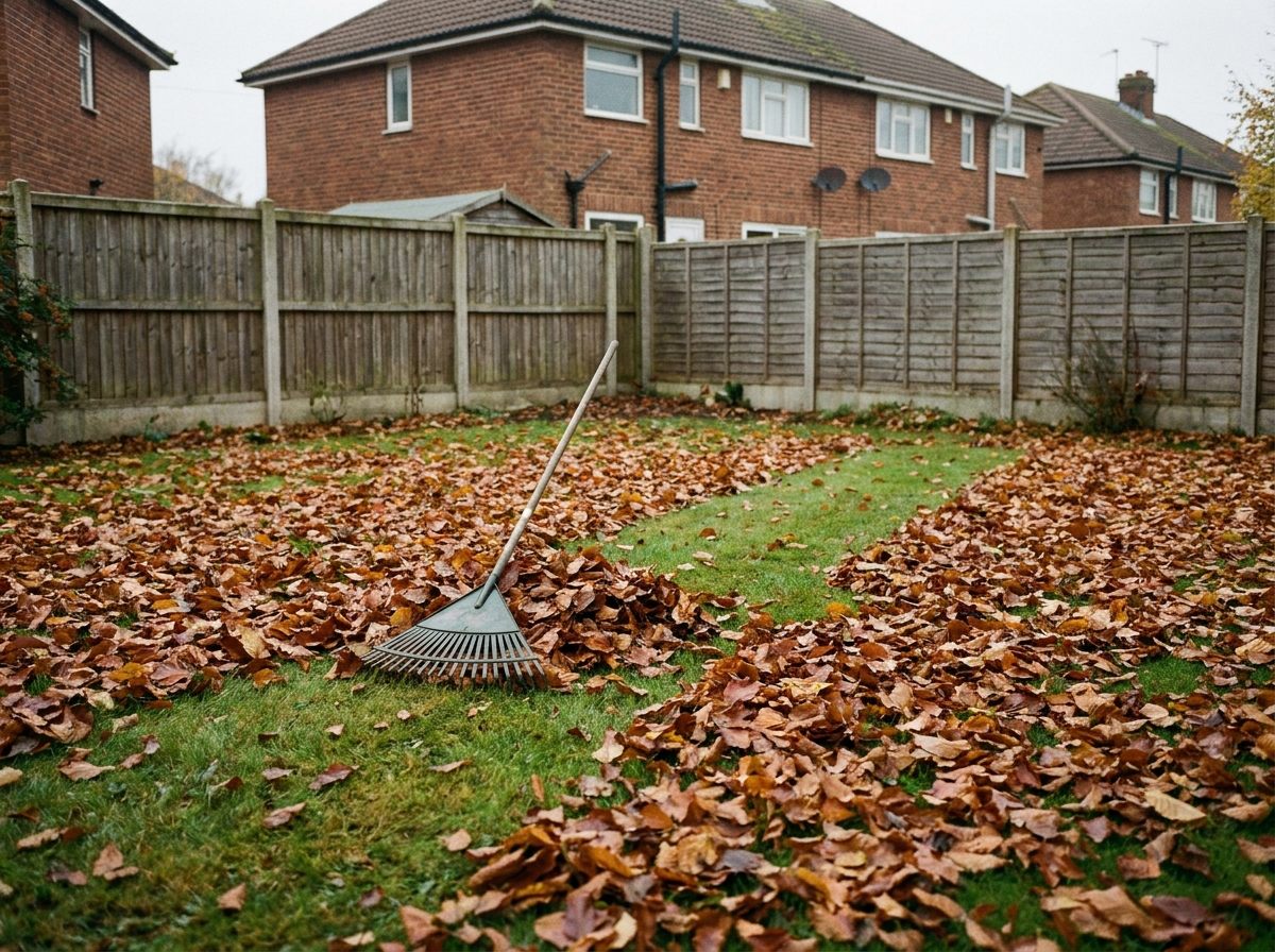 Autumn leaf clearance on a Liverpool lawn with a rake and one cleared stripe of grass