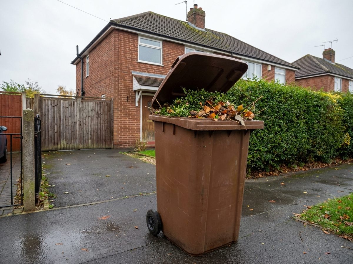 Brown garden waste bin outside a Wirral house holding cleared leaves and debris