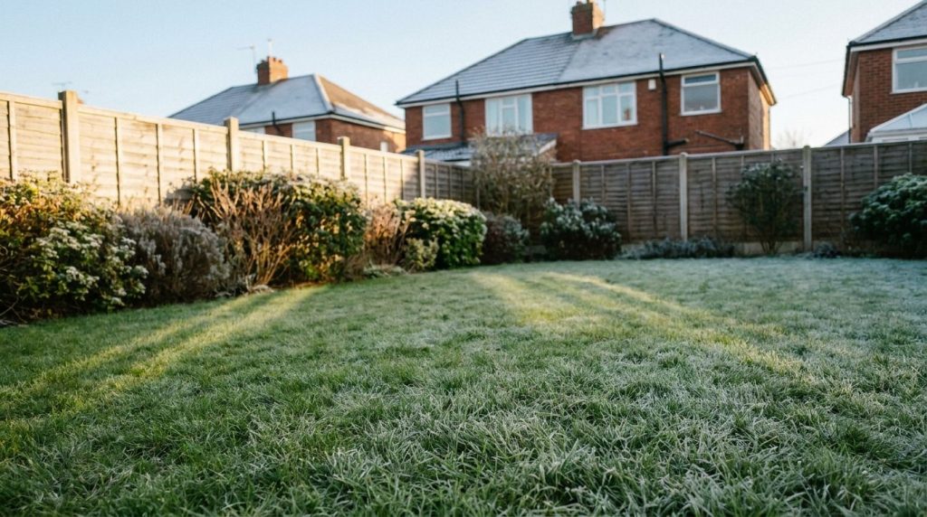 Frosted Liverpool lawn on a bright winter morning after proper autumn lawn preparation