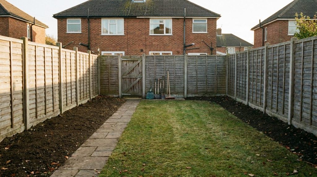 Merseyside garden after a full autumn garden clearance with borders raked to bare soil and the path swept