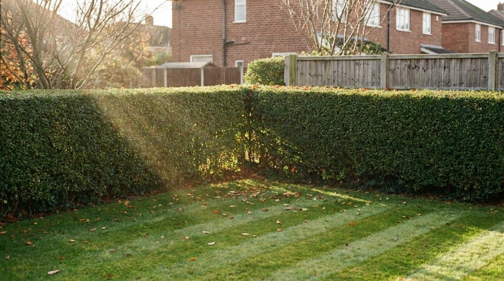 Two neatly shaped garden hedges meeting at a corner after an end of season hedge trim